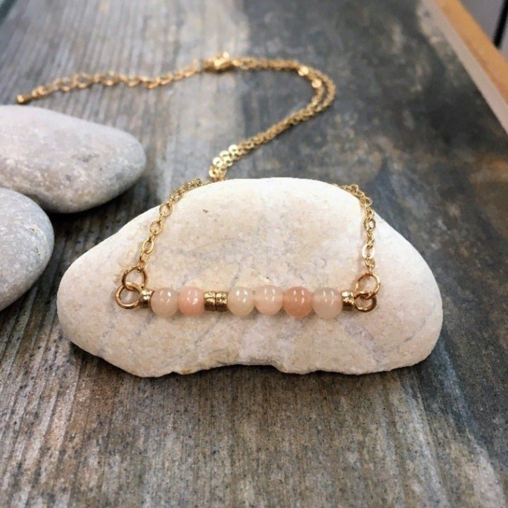 Pink Quartz Stone Bar Necklace Gold
